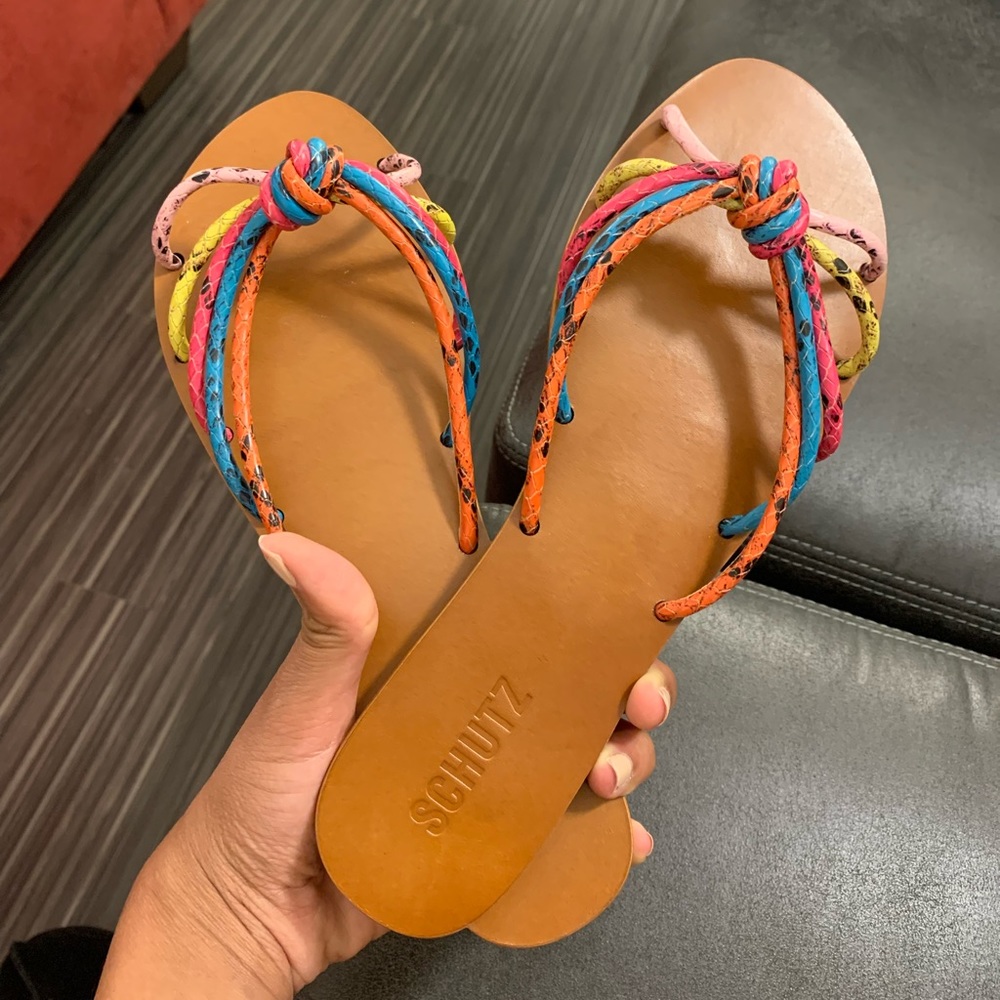 SCHUTZ Tan Leather Slide Sandals with Multicolor Braided Straps